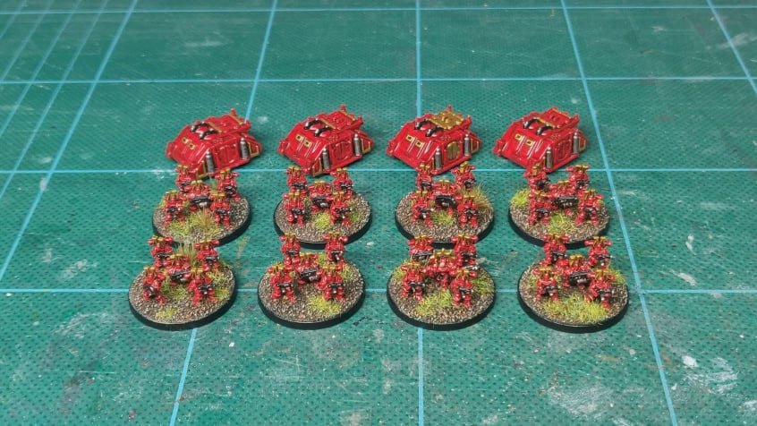 Eight stands of Chaos Space Marines and four Rhino transport vehicles for Epic 40k (6mm scale miniatures)